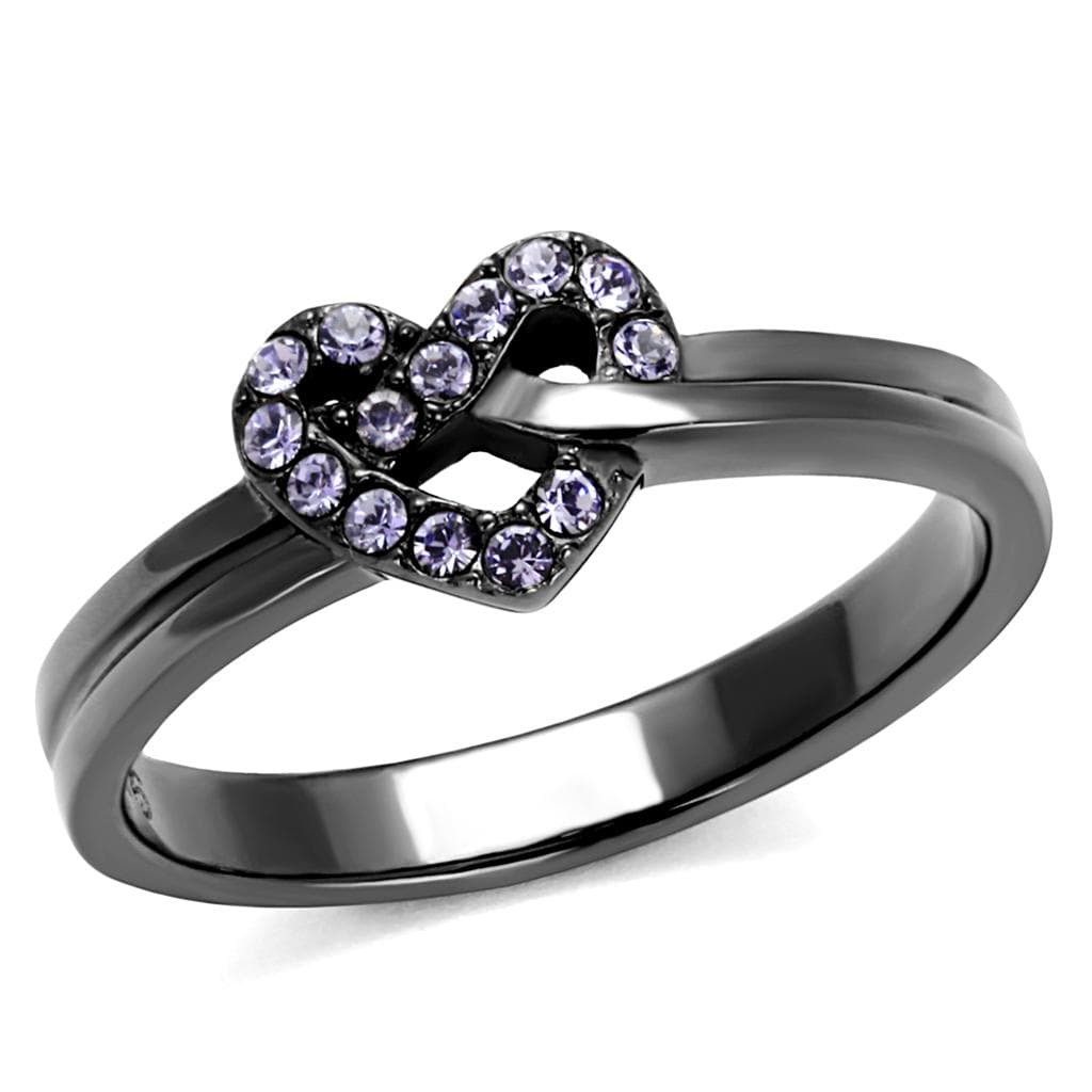 Stainless Steel Dark Gunmetal Lavender CZ Pave Heart Knot Ring