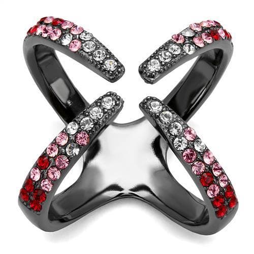 Stainless Steel Black IP Multi Color Crystal Pave X Cross Ring