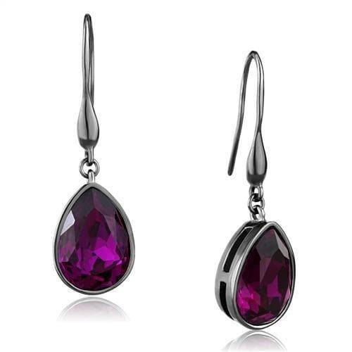 Stainless Steel Dark Gunmetal Fuchsia Purple Crystal Earrings