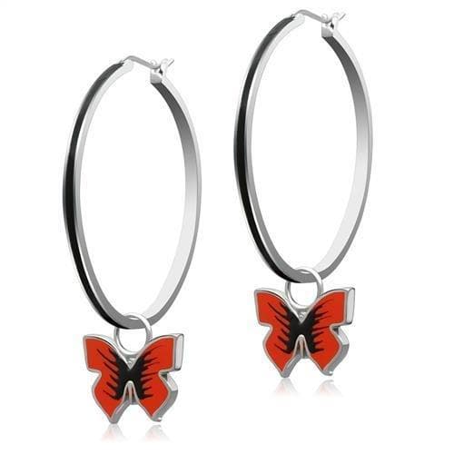 Stainless Steel Red Enamel Butterfly Charm Hoop Ring