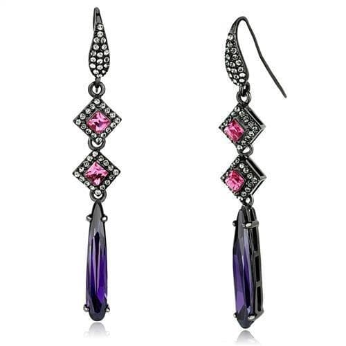 Stainless Steel Dark Gunmetal Pink Amethyst Crystal Earrings