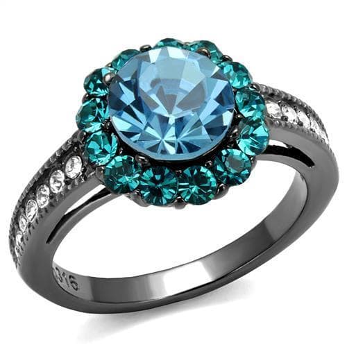Stainless Steel Aquamarine Blue Zircon Crystal Round Halo Ring