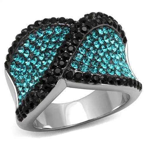 Stainless Steel Black Jet Aquamarine Crystal Pave Wide Dome Ring