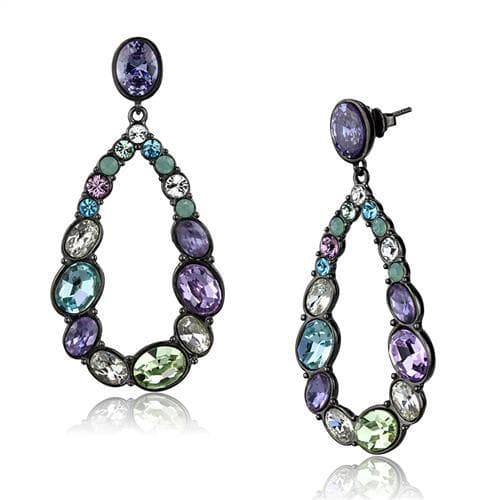 Stainless Steel Dark Gunmetal Multi Color Crystal Open Earrings