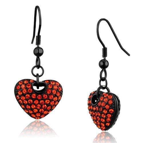 Stainless Steel Black IP Red Orange Crystal Pave Heart Earrings