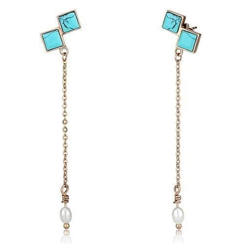 Stainless Steel Rose Gold IP Turquoise Square Chain Earrings
