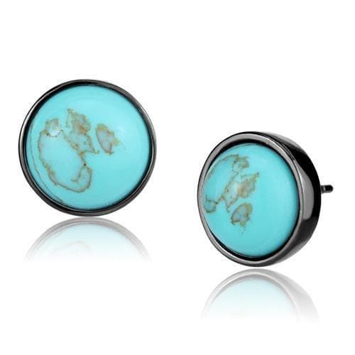 Stainless Steel Dark Gunmetal Turquoise Cabochon Round Earrings