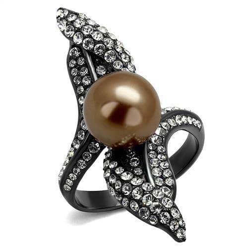 Stainless Steel Dark Gunmetal Brown Pearl CZ Pave Leaf Swirl Ring