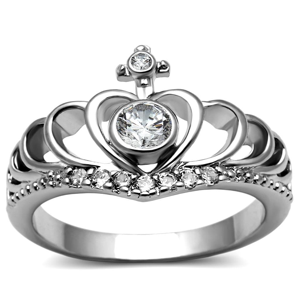 Stainless Steel CZ Pave Crown Heart Cross Tiara Ring