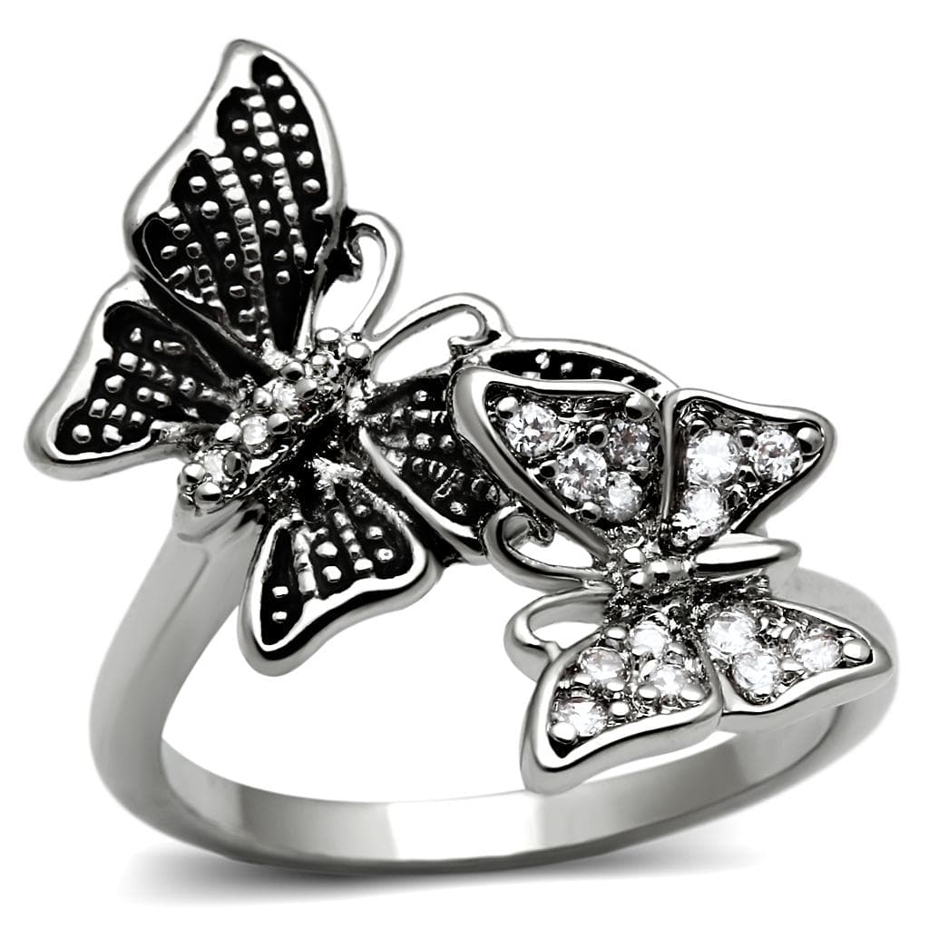 Stainless Steel CZ Pave Double Butterfly Ring