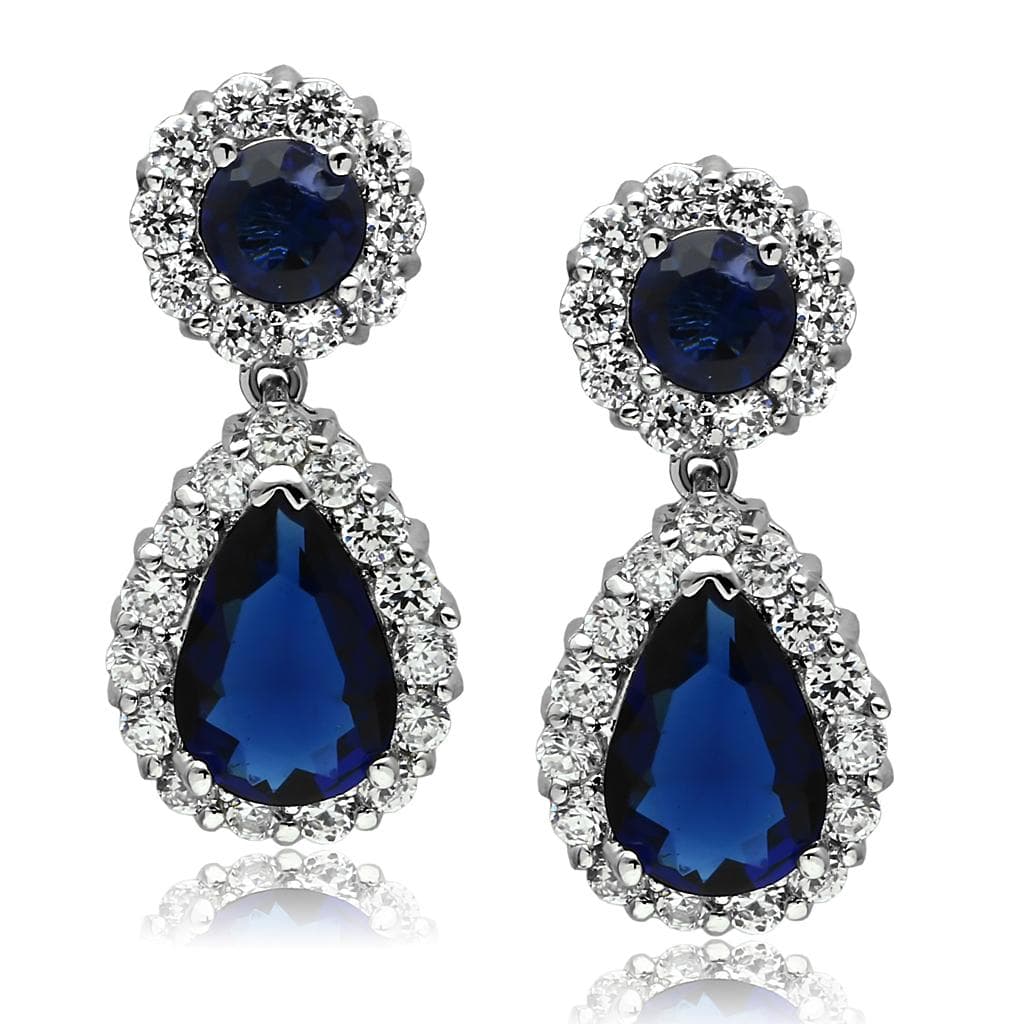 Stainless Steel Blue Sapphire CZ Round Pear Double Halo Earrings