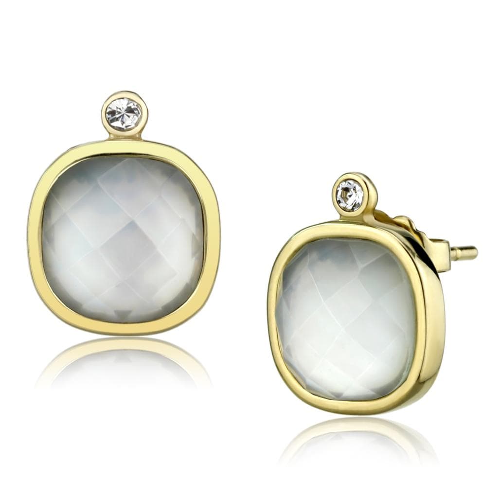 Stainless Steel Gold IP White Crystal Faceted Cushion CZ Earrings