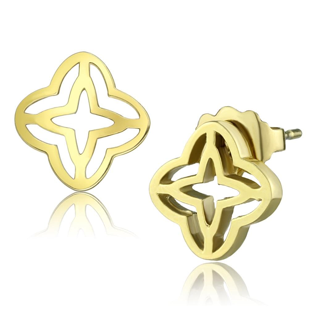 Stainless Steel Gold IP Four Point Star Clover Open Stud Earrings