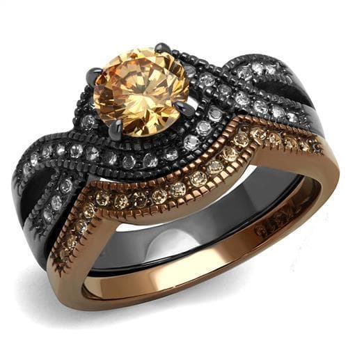 Stainless Steel Coffee Brown IP Champagne CZ Round Pave Ring