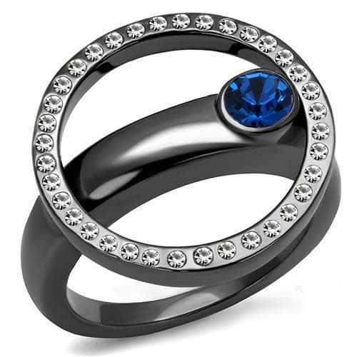 Stainless Steel Dark Gunmetal Blue Sapphire CZ Round Circle Ring