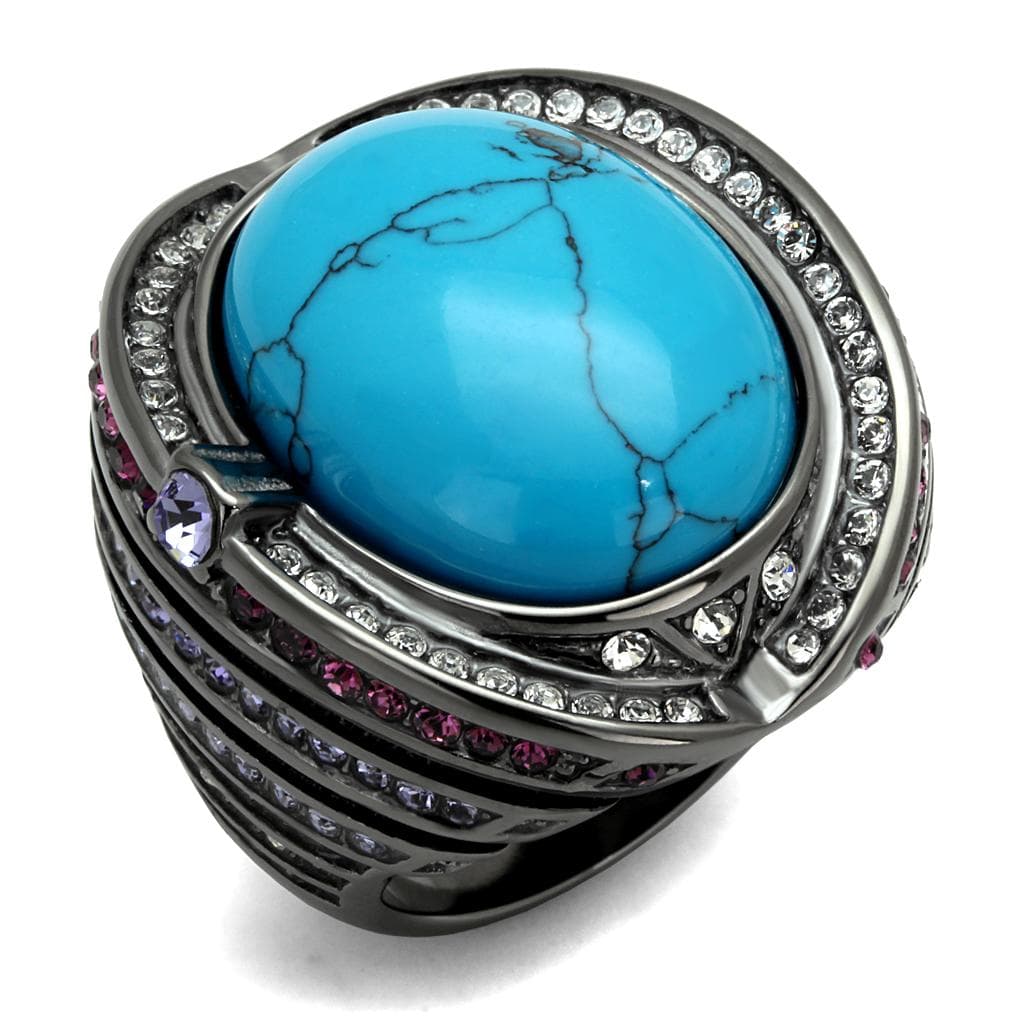 Stainless Steel Dark Gunmetal Turquoise Cabochon CZ Amethyst Ring