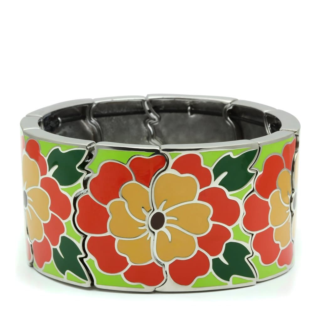 Stainless Steel Green Orange Red Enamel Floral Wide Bracelet