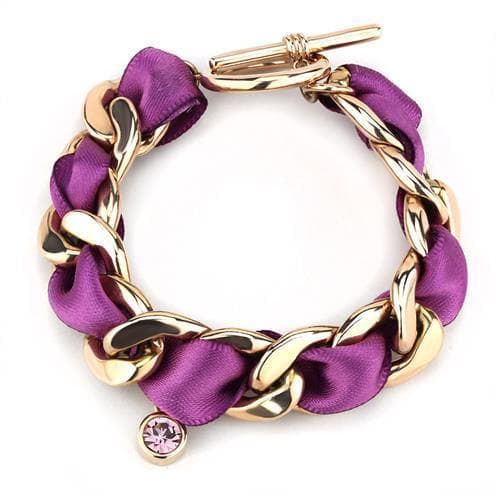 Stainless Steel Rose Gold IP Purple Satin Ribbon Chain Bracelet