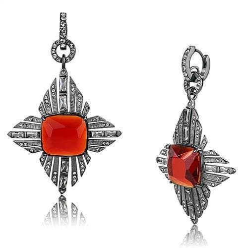 Stainless Steel Antiqued Silver Red Coral CZ Art Deco Earrings