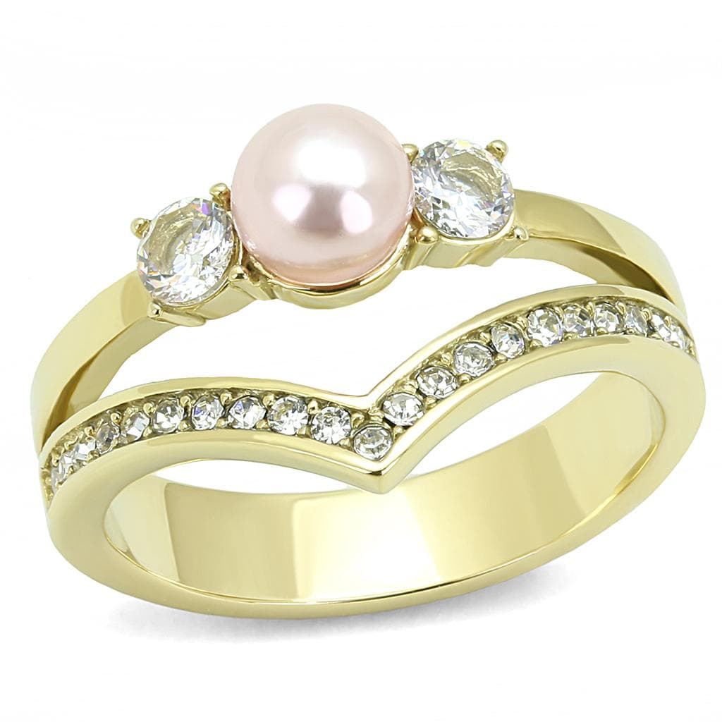Stainless Steel Gold IP Pink Pearl CZ Marquise Chevron Stack Ring