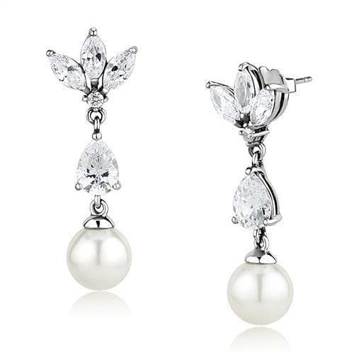 Stainless Steel CZ Marquise Leaf Cluster Pearl Chain Earrings