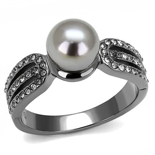 Stainless Steel Black IP Gray Pearl CZ Pave Leaf Bypass Ring