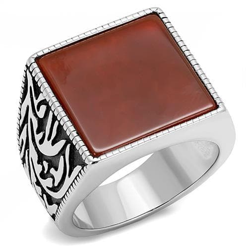 Stainless Steel Red Jasper Square Cabochon Scroll Carved Ring