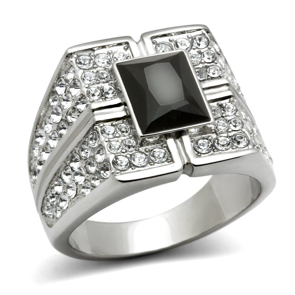 Stainless Steel Black Onyx Emerald Cut CZ Pave Mens Signet Ring