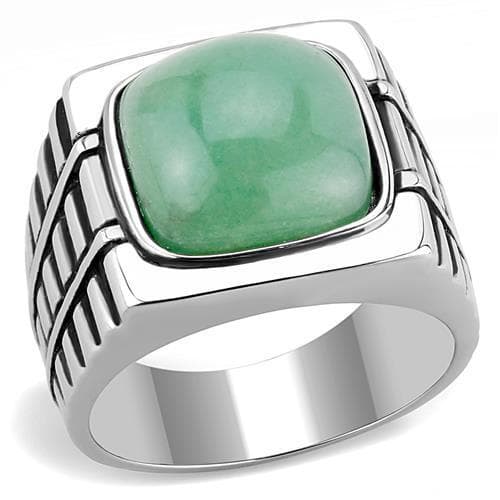Stainless Steel Green Aventurine Square Cabochon Chevron Ring