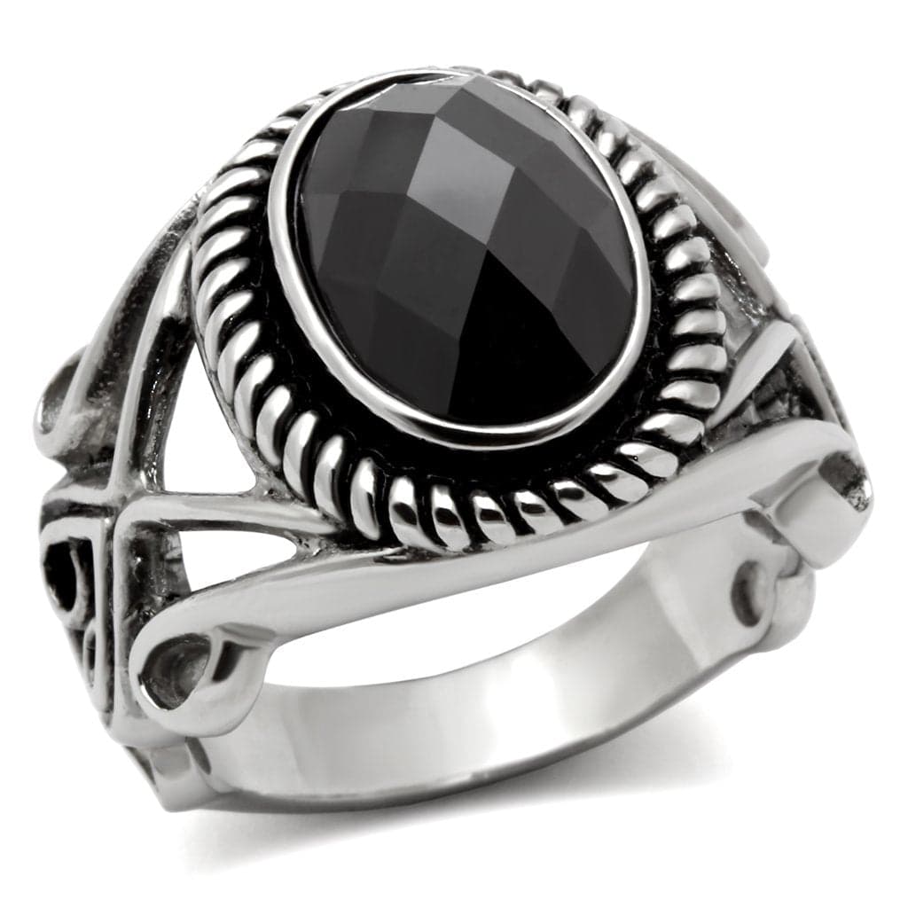 Stainless Steel Black Onyx Oval Cabochon Rope Bezel Scroll Ring