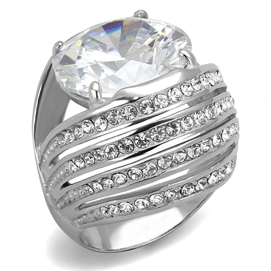 Stainless Steel CZ Round Pave Multi Row Spiral Wide Cocktail Ring