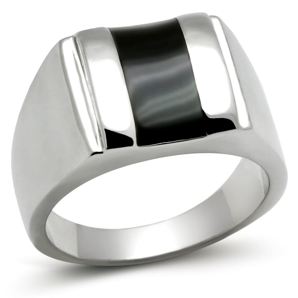 Stainless Steel Silver Polished Black Onyx Rectangle Wide Ring
