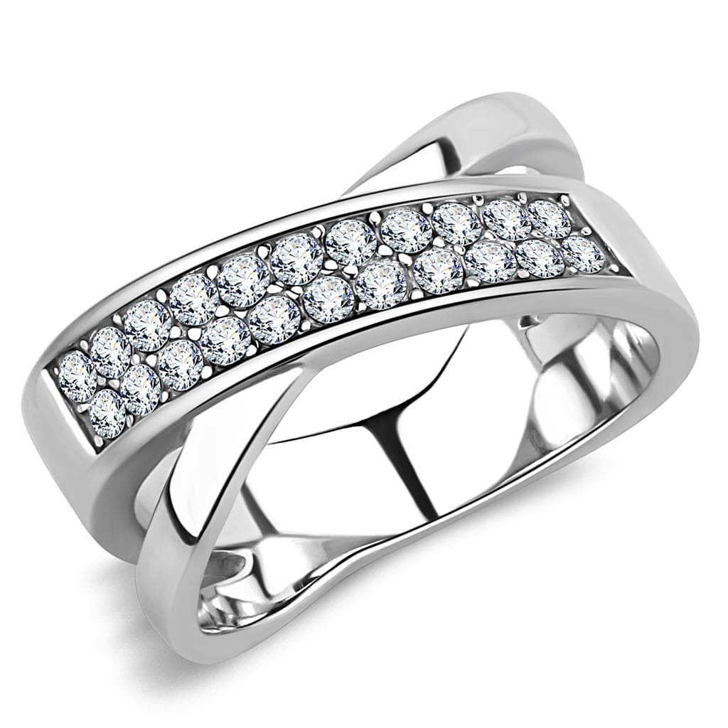 Stainless Steel Silver CZ Pave Crossover X Band Ring