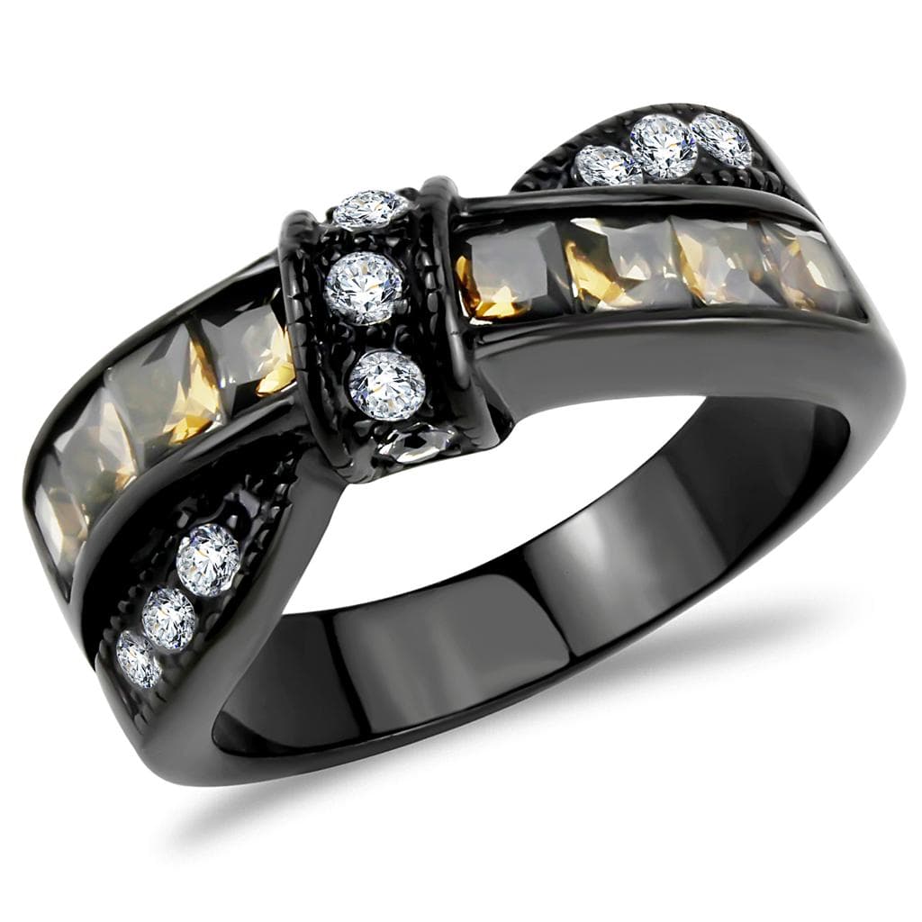 Stainless Steel Black IP Champagne CZ Baguette Channel Round Ring