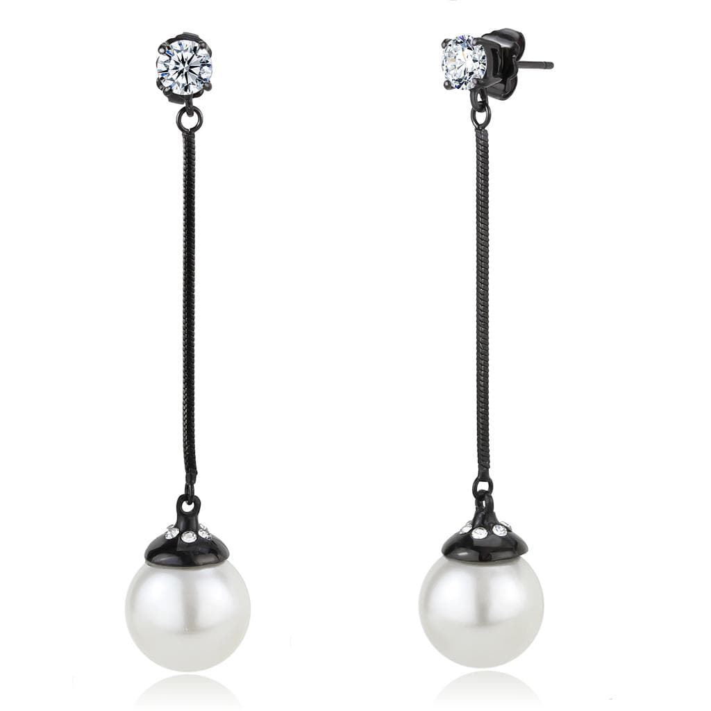 Stainless Steel Black IP CZ Round Pearl Chain Drop Earrings