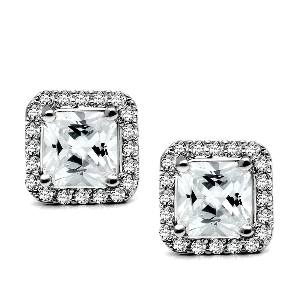 Stainless Steel CZ Princess Square Halo Pave Stud Ring