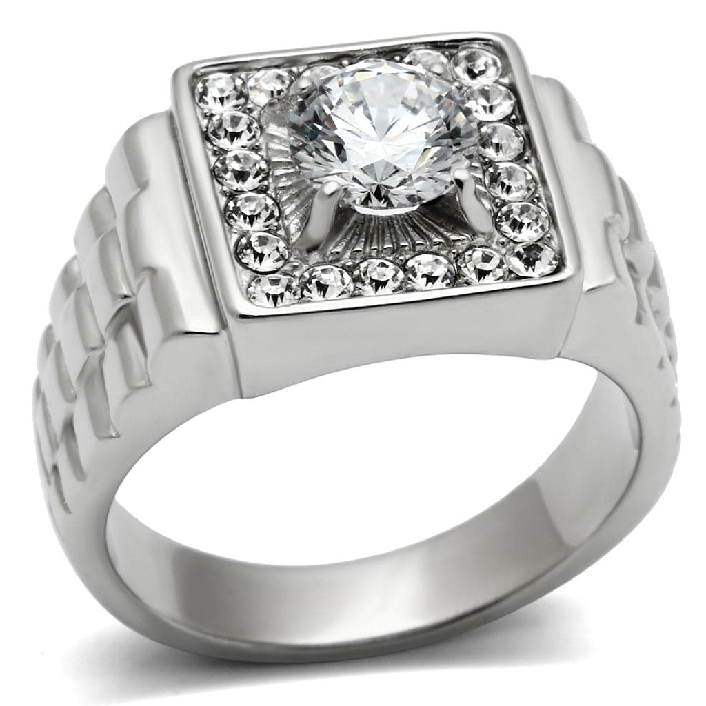 Sterling Silver CZ Round Square Halo Watch Band Link Mens Ring