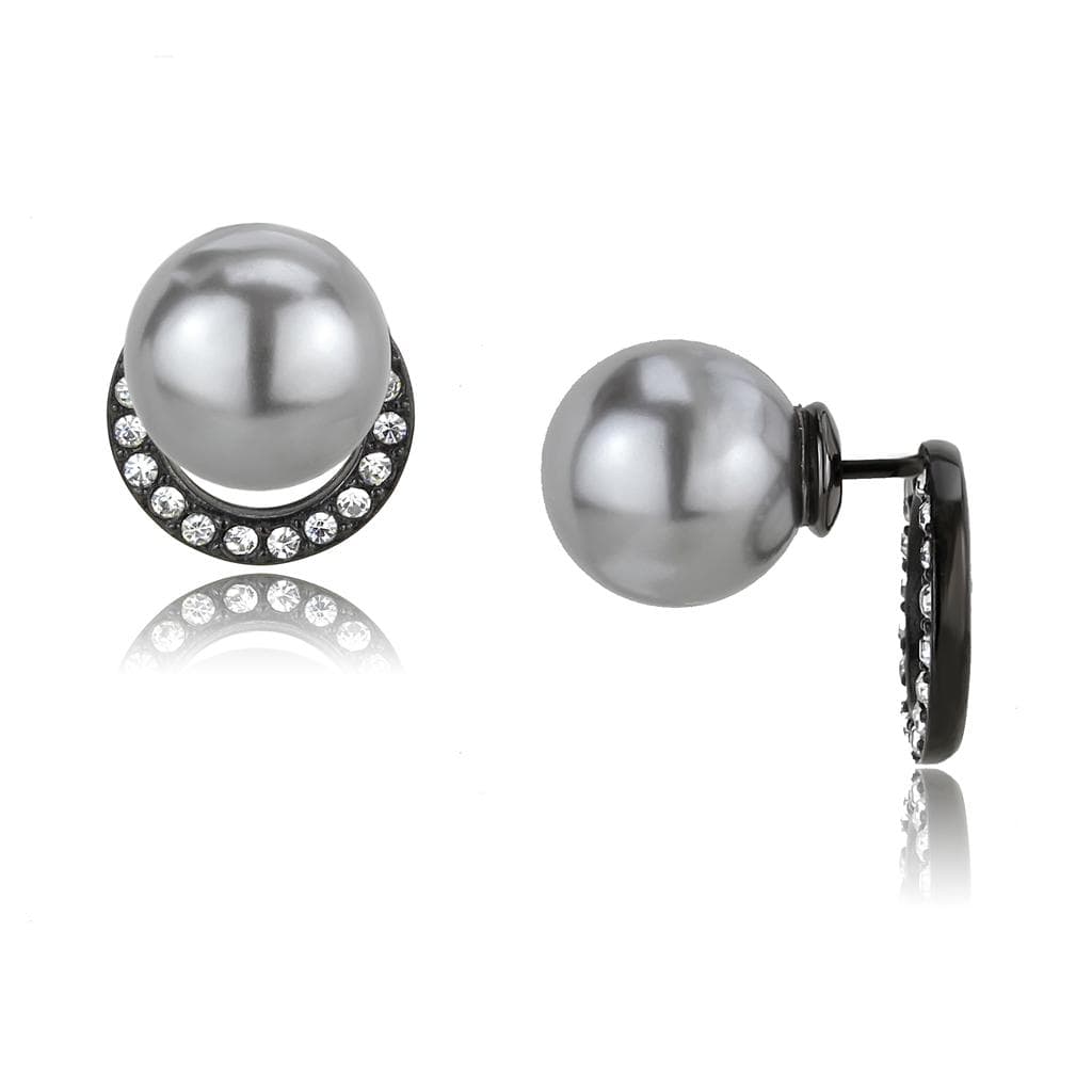 Stainless Steel Black IP Gray Pearl CZ Crescent Halo Earrings