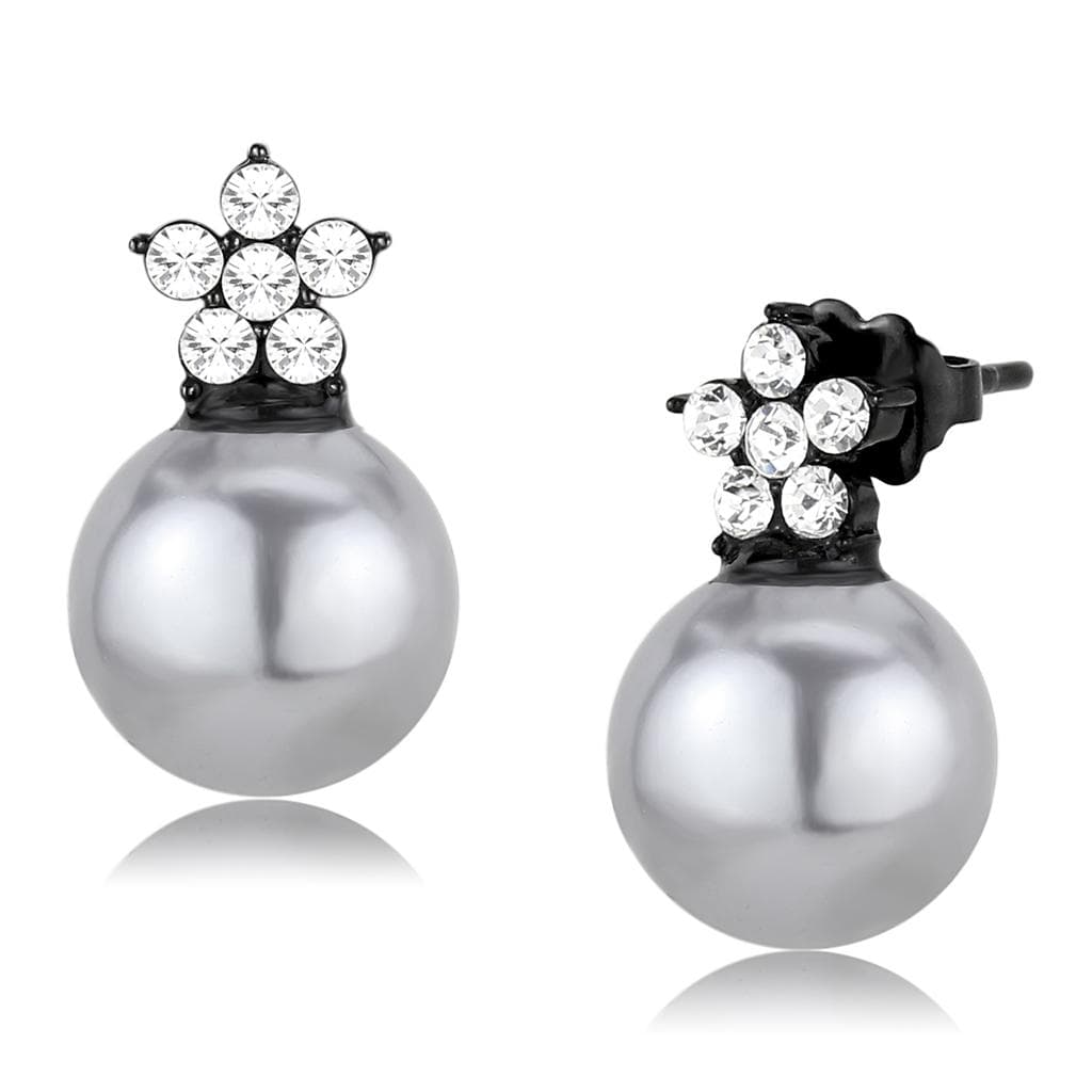 Stainless Steel Black IP Gray Pearl CZ Flower Cluster Earrings