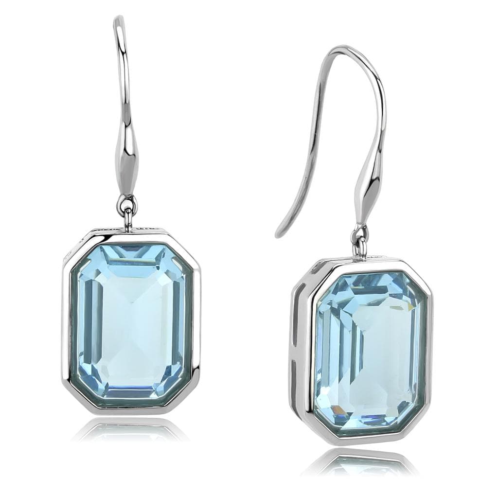 Stainless Steel Silver Aquamarine Emerald Cut Bezel Hook Earrings