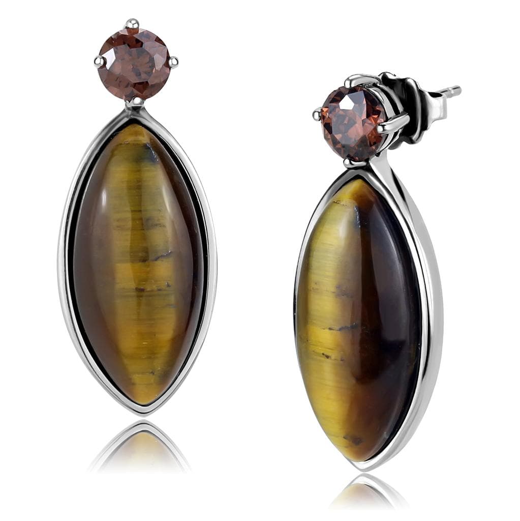 Stainless Steel Tiger Eye Marquise Cabochon Smoky Quartz Earrings