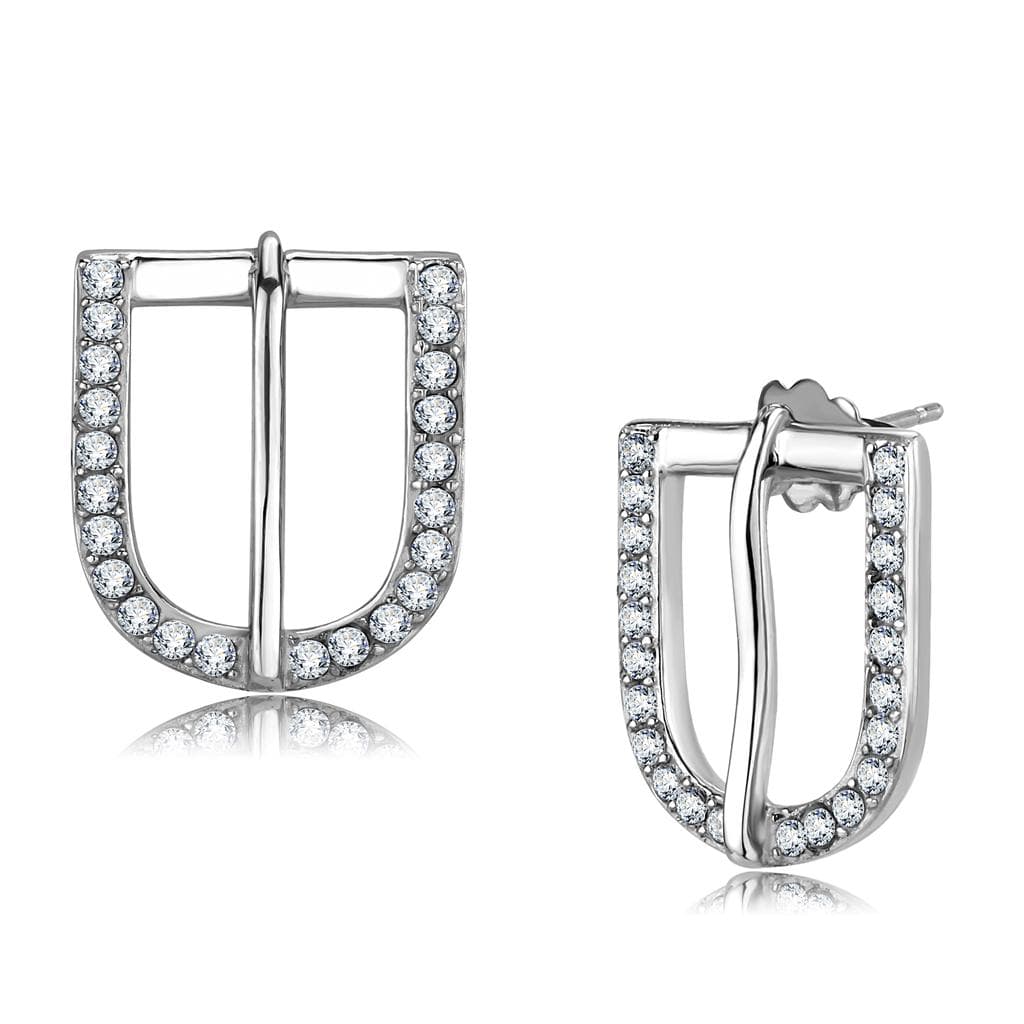 Stainless Steel Silver CZ Pave U Shape Huggie Hoop Earrings
