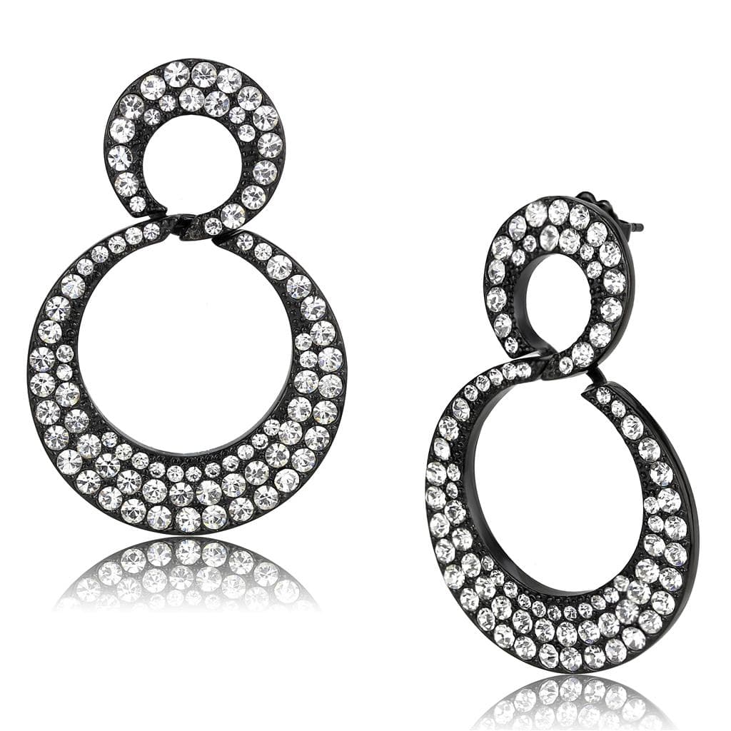 Stainless Steel Black IP CZ Pave Double Circle Open Drop Earrings