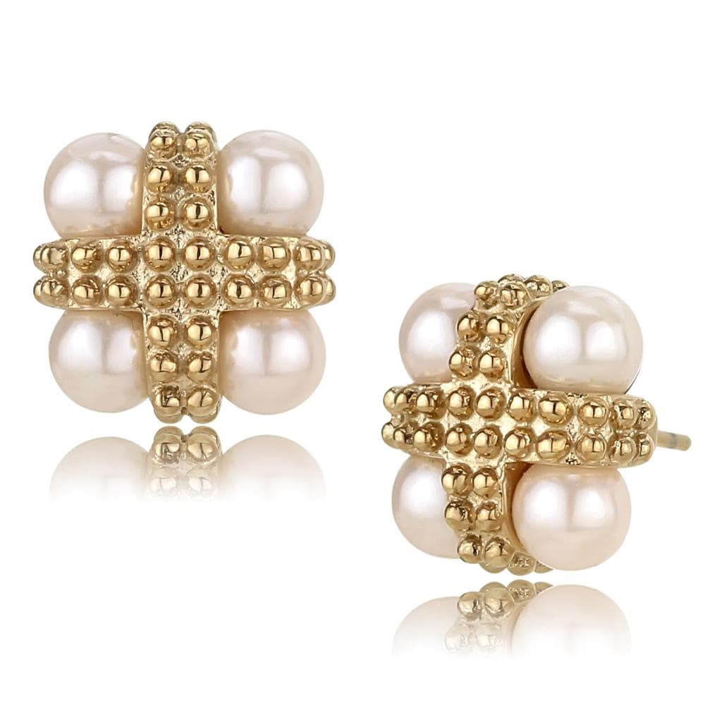 Stainless Steel Gold IP Pearl Bead Cluster Cross Clover Earrings