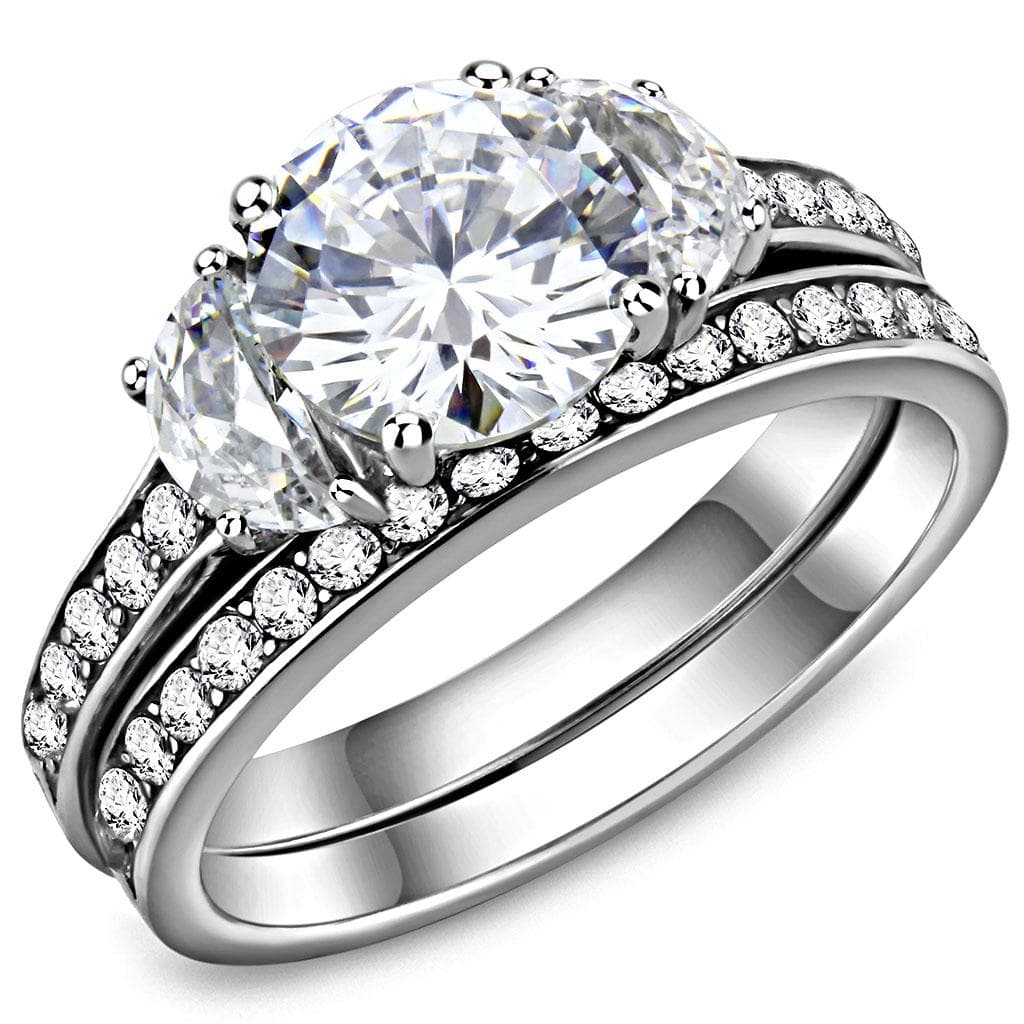 Stainless Steel CZ Round Pave Baguette Accent Bridal Stack Ring