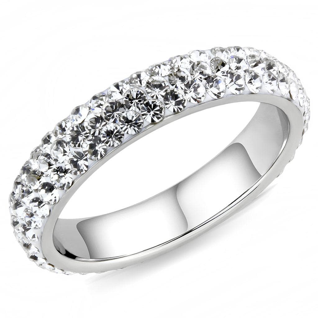 Stainless Steel Silver White Crystal Pave Dome Eternity Band Ring