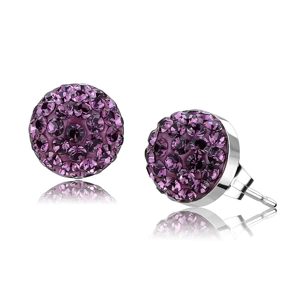Stainless Steel Silver Light Amethyst Crystal Pave Ball Earrings
