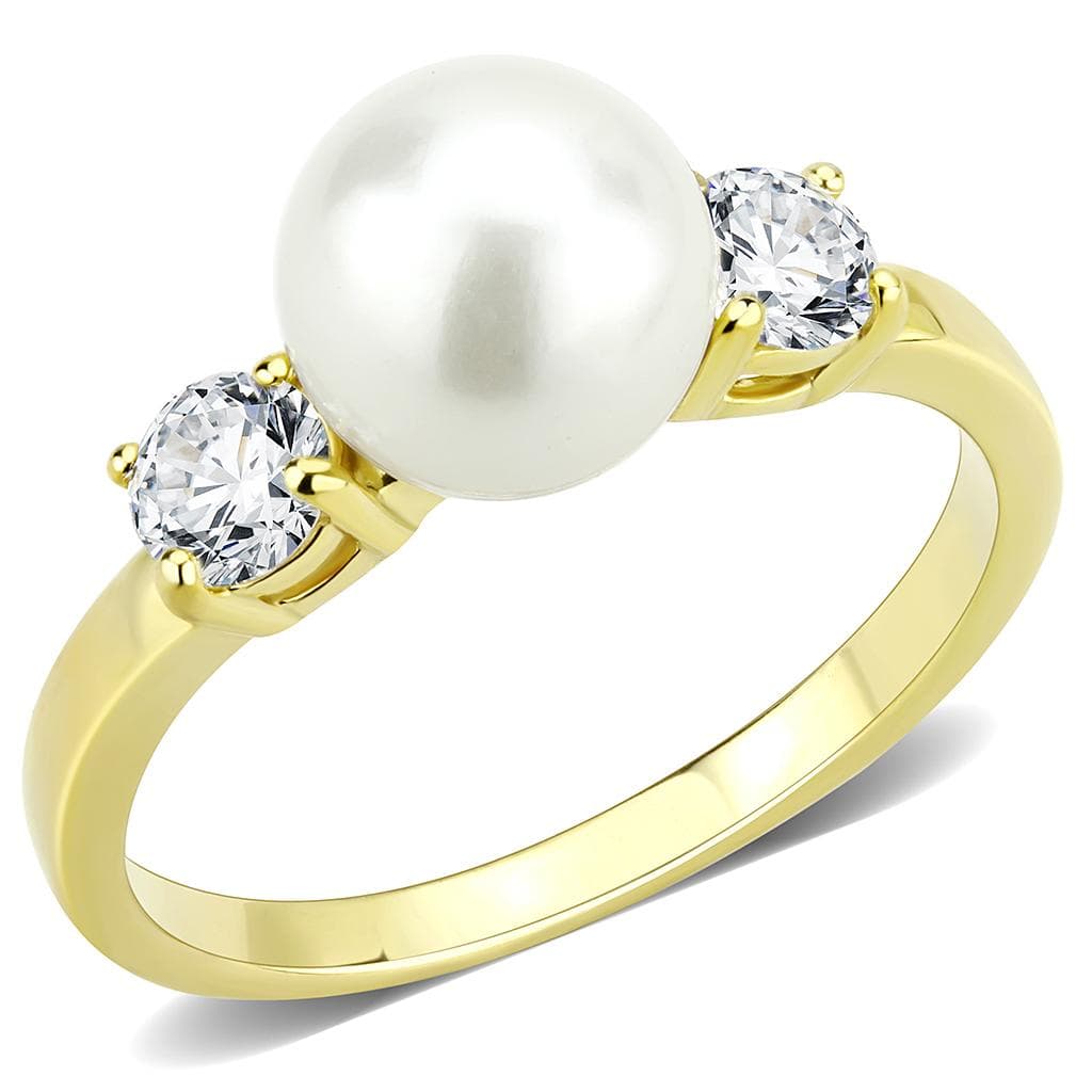 Stainless Steel Gold IP White Pearl CZ Round Three Stone Ring