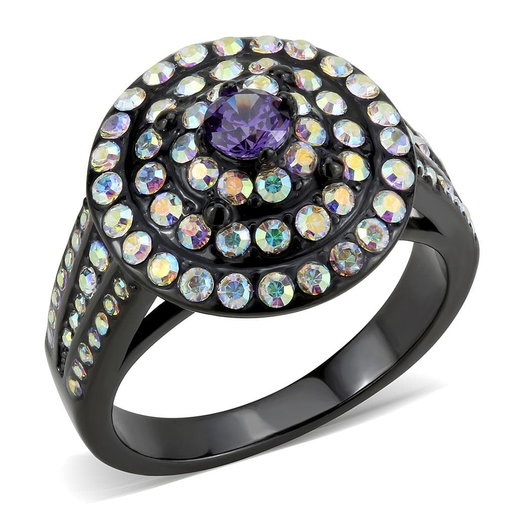 Stainless Steel Black IP Amethyst Aurora Borealis CZ Ring