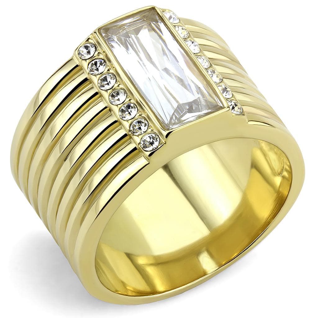 Stainless Steel Gold IP CZ Baguette Channel Ribbed Wide Band Ring